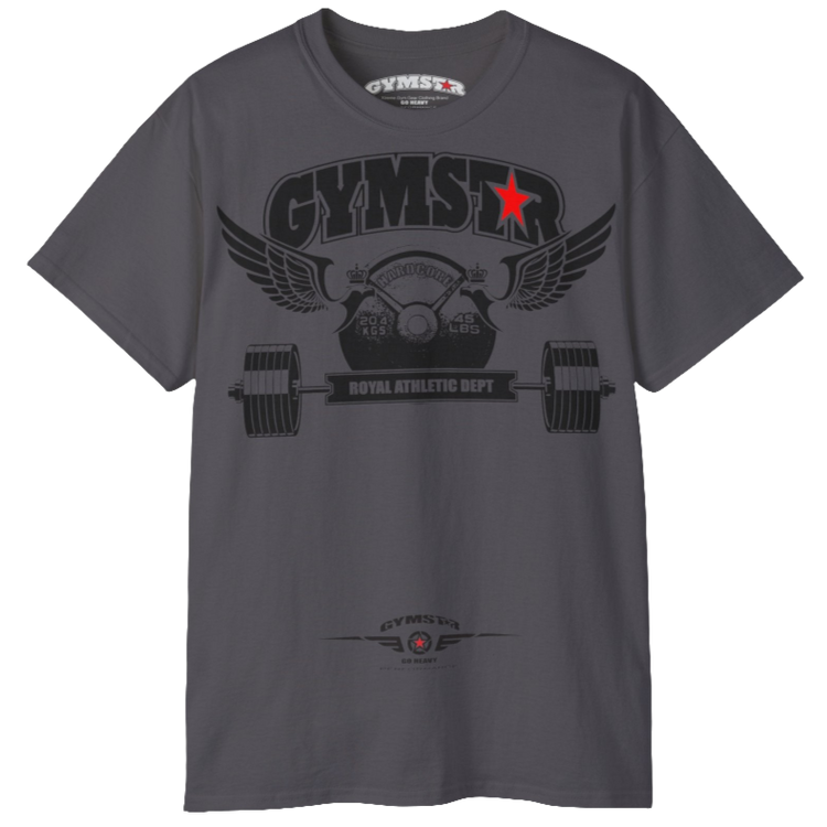 A  sport grey blue sports t-shirt from Gymstar, designed for athletes. The chest features a detailed print combining elements like a barbell, spread wings, a subtle red star, and "GYMSTAR" and "ROYAL ATHLETIC DEPT" text. The design is strong and motivational, perfect for heavy workouts.