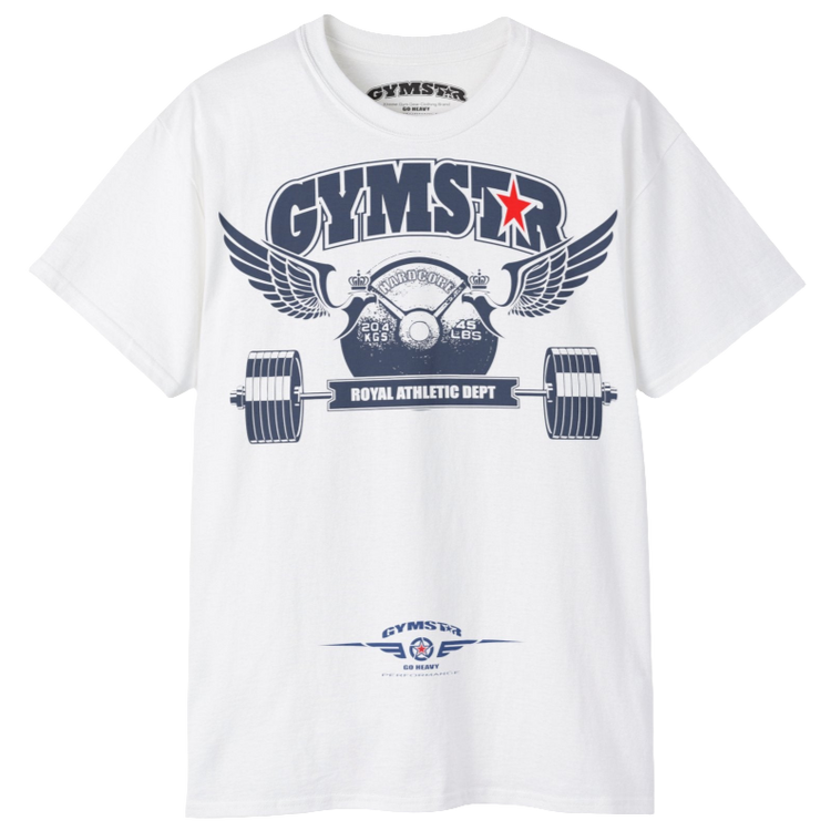 White sports t-shirt from Gymstar, designed for athletes. The chest features a detailed print combining elements like a barbell, spread wings, a subtle red star, and "GYMSTAR" and "ROYAL ATHLETIC DEPT" text. The design is strong and motivational, perfect for heavy workouts.