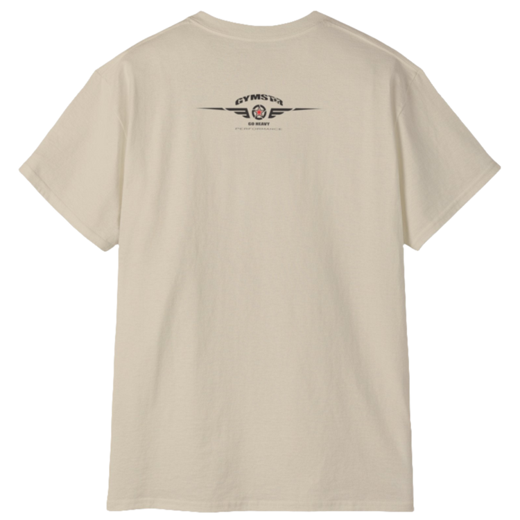 A beige Gymstar tee with a red, blue and black graphic that reads 'Sons Of Iron', skull-kettlebell, barbell and logo, presumably bodybulding or fitness. Rear view.