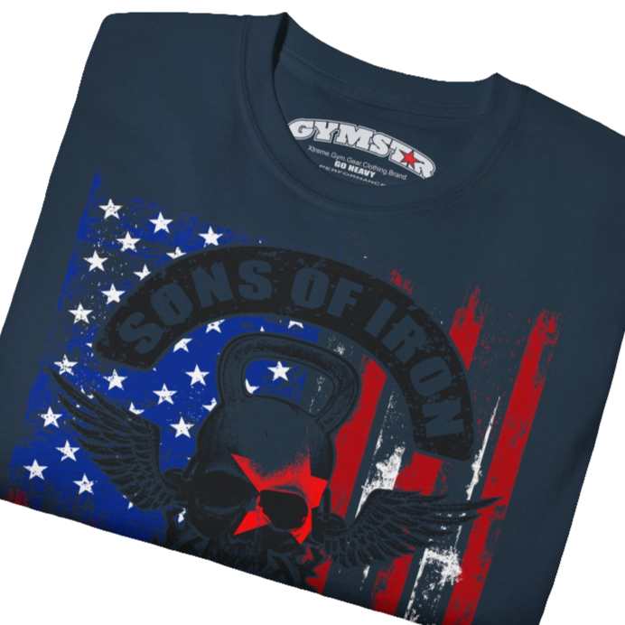 A deep navy Gymstar tee with a red, blue and black graphic that reads 'Sons Of Iron', skull-kettlebell, barbell and logo, presumably bodybulding or fitness. Close up view.