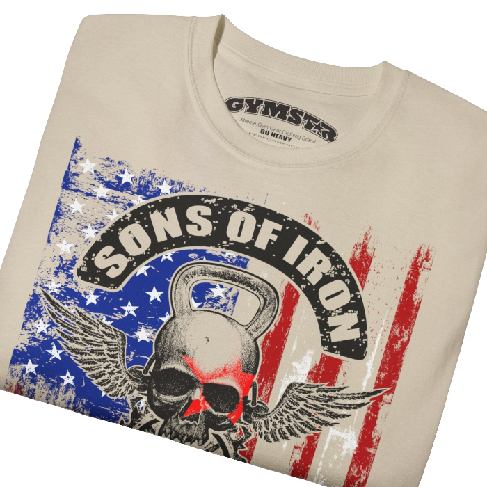 A beige Gymstar tee with a red, blue and black graphic that reads 'Sons Of Iron', skull-kettlebell, barbell and logo, presumably bodybulding or fitness. Close up view.