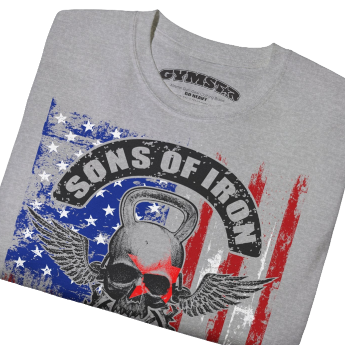 A silver grey Gymstar tee with a red, blue and black graphic that reads 'Sons Of Iron', skull-kettlebell, barbell and logo, presumably bodybulding or fitness.  Close up view.