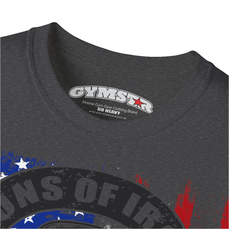 A grey Gymstar tee with a red, blue and black graphic that reads 'Sons Of Iron', skull-kettlebell, barbell and logo, presumably bodybulding or fitness.  Logo Close up view.