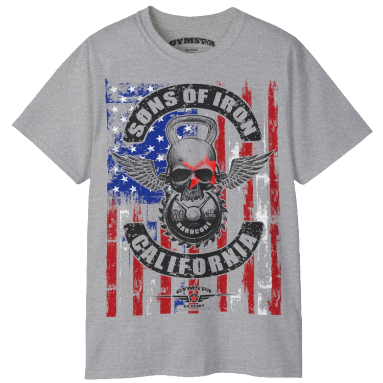 A silver grey Gymstar tee with a red, blue and black graphic that reads 'Sons Of Iron', skull-kettlebell, barbell and logo, presumably bodybulding or fitness.