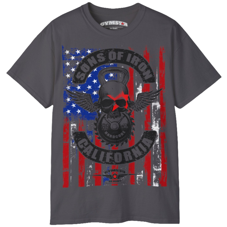 A sport grey Gymstar tee with a red, blue and black graphic that reads 'Sons Of Iron', skull-kettlebell, barbell and logo, presumably bodybulding or fitness.