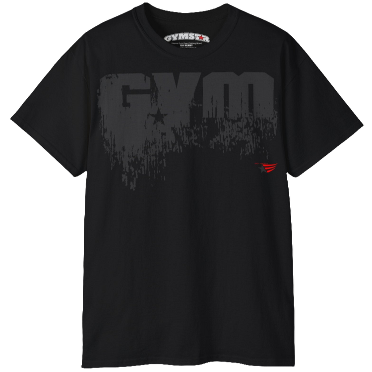 Black men's t-shirt from Gymstar with a minimalist yet powerful design. The chest features a large, distressed print of the word "GYM" in grey. The design is complemented by a small brand logo with a red star, which adds a stylish accent. The t-shirt is perfect for athletic wear, creating a modern and clean look.