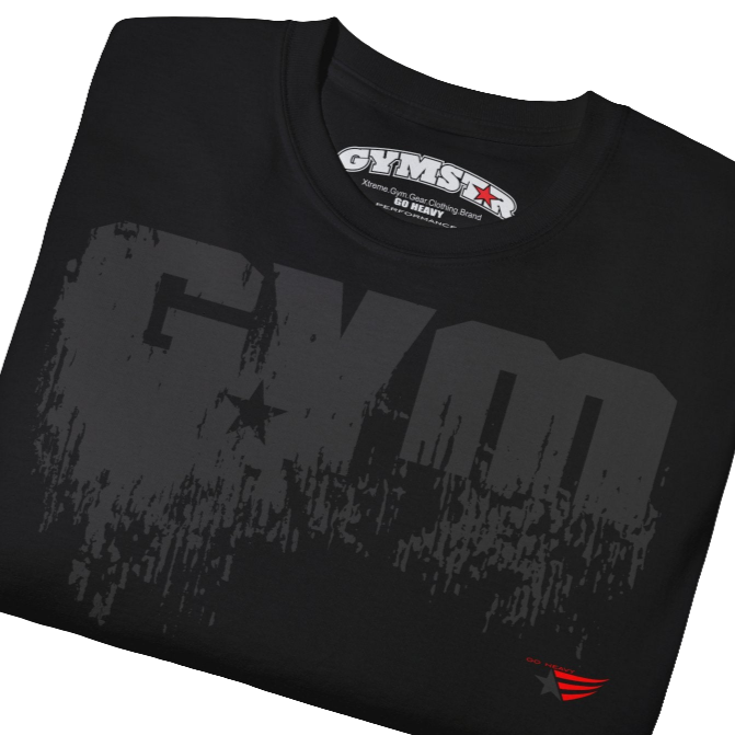 Ablack sports t-shirt from Gymstar with a minimalist yet powerful design. The chest features a large, distressed print of the word "GYM" in grey. The design is complemented by a small brand logo with a red star, which adds a stylish accent. The t-shirt is perfect for athletic wear, creating a modern and clean look. Close up view.