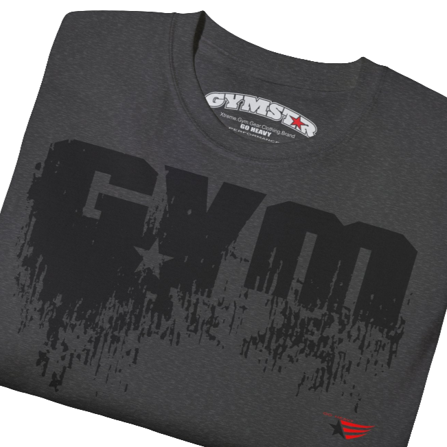 A grey sports t-shirt from Gymstar with a minimalist yet powerful design. The chest features a large, distressed print of the word "GYM" in grey. The design is complemented by a small brand logo with a red star, which adds a stylish accent. The t-shirt is perfect for athletic wear, creating a modern and clean look. Close up view.