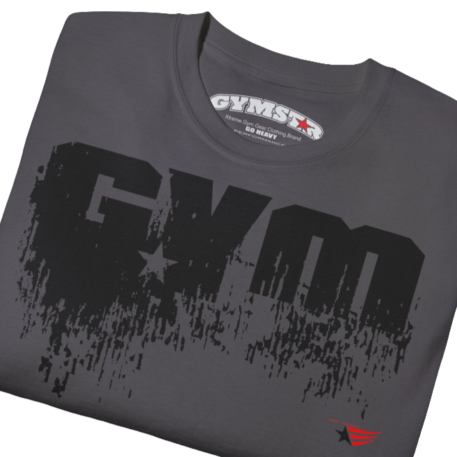 A sports grey sports t-shirt from Gymstar with a minimalist yet powerful design. The chest features a large, distressed print of the word "GYM" in grey. The design is complemented by a small brand logo with a red star, which adds a stylish accent. The t-shirt is perfect for athletic wear, creating a modern and clean look. Close up view.