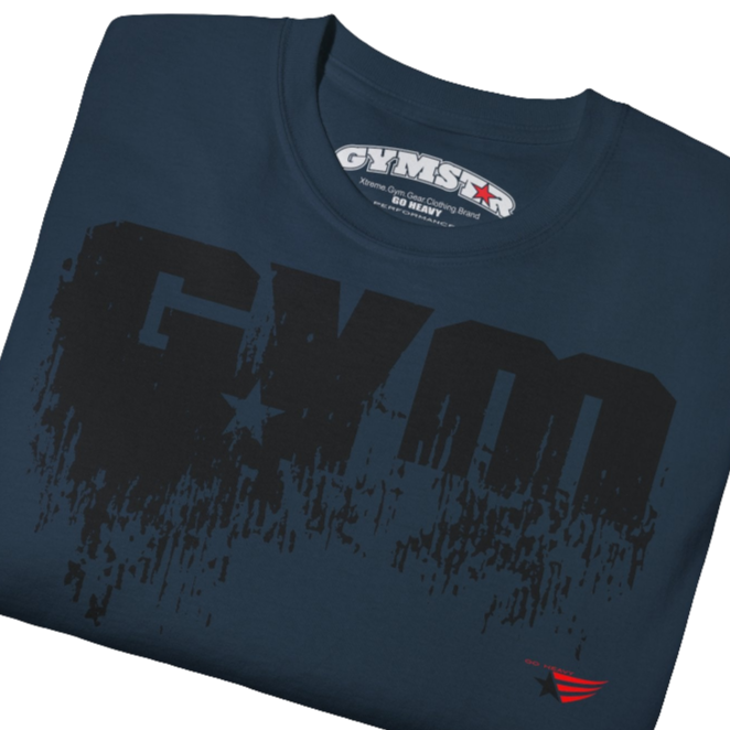 A deep navy sports t-shirt from Gymstar with a minimalist yet powerful design. The chest features a large, distressed print of the word "GYM" in grey. The design is complemented by a small brand logo with a red star, which adds a stylish accent. The t-shirt is perfect for athletic wear, creating a modern and clean look. Close up view.