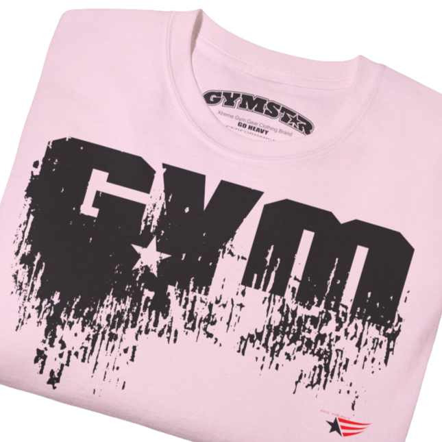 A pink sports t-shirt from Gymstar with a minimalist yet powerful design. The chest features a large, distressed print of the word "GYM" in grey. The design is complemented by a small brand logo with a red star, which adds a stylish accent. The t-shirt is perfect for athletic wear, creating a modern and clean look. Close up view.