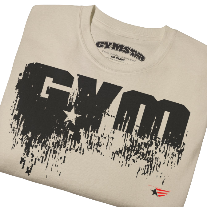 A beige sports t-shirt from Gymstar with a minimalist yet powerful design. The chest features a large, distressed print of the word "GYM" in grey. The design is complemented by a small brand logo with a red star, which adds a stylish accent. The t-shirt is perfect for athletic wear, creating a modern and clean look.  Close up view.