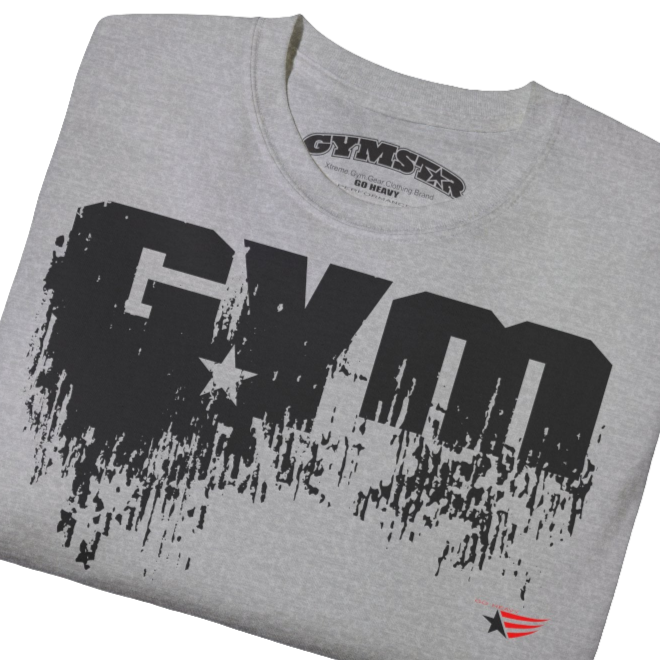 A silver grey sports t-shirt from Gymstar with a minimalist yet powerful design. The chest features a large, distressed print of the word "GYM" in grey. The design is complemented by a small brand logo with a red star, which adds a stylish accent. The t-shirt is perfect for athletic wear, creating a modern and clean look. Close up view.