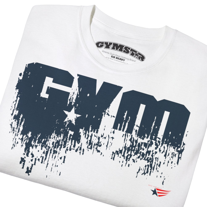 A white sports t-shirt from Gymstar with a minimalist yet powerful design. The chest features a large, distressed print of the word "GYM" in grey. The design is complemented by a small brand logo with a red star, which adds a stylish accent. The t-shirt is perfect for athletic wear, creating a modern and clean look. Close up view.