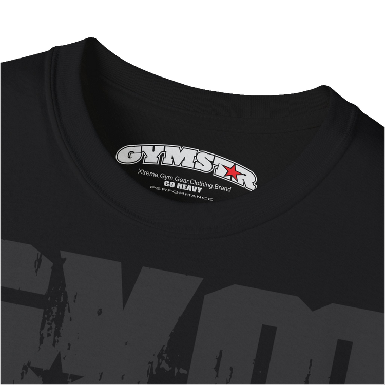 A black sports t-shirt from Gymstar with a minimalist yet powerful design. The chest features a large, distressed print of the word "GYM" in grey. The design is complemented by a small brand logo with a red star, which adds a stylish accent. The t-shirt is perfect for athletic wear, creating a modern and clean look. Logo Close up view.