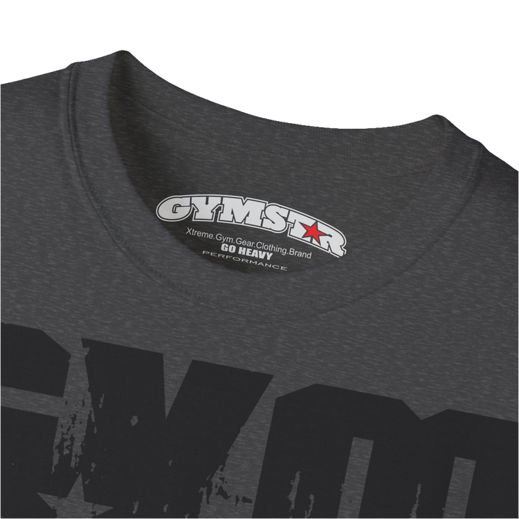 A grey sports t-shirt from Gymstar with a minimalist yet powerful design. The chest features a large, distressed print of the word "GYM" in grey. The design is complemented by a small brand logo with a red star, which adds a stylish accent. The t-shirt is perfect for athletic wear, creating a modern and clean look. Logo Close up view.
