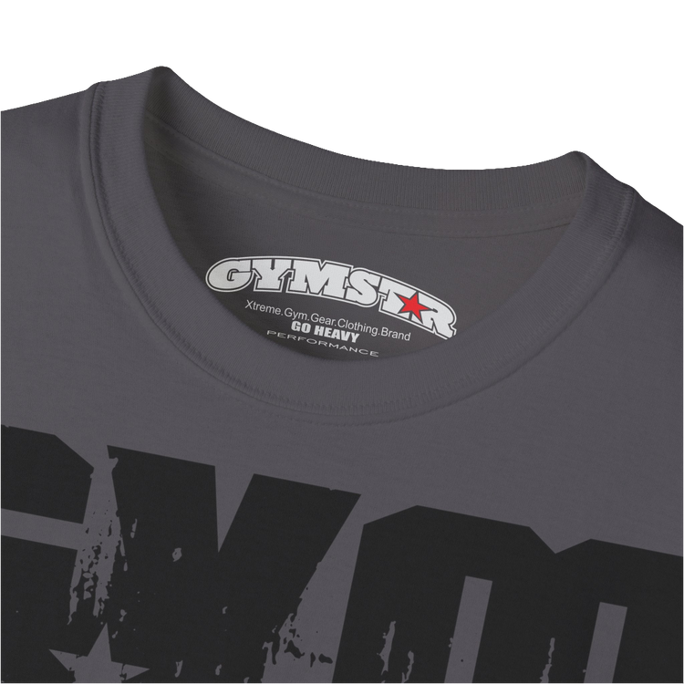 A sports grey sports t-shirt from Gymstar with a minimalist yet powerful design. The chest features a large, distressed print of the word "GYM" in grey. The design is complemented by a small brand logo with a red star, which adds a stylish accent. The t-shirt is perfect for athletic wear, creating a modern and clean look. Logo Close up view.