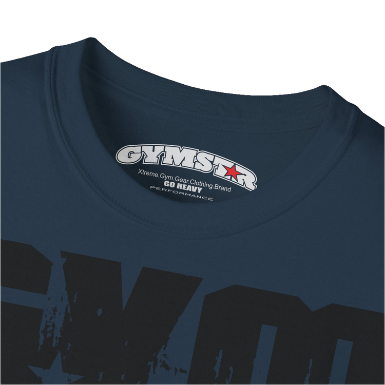 A deep navy sports t-shirt from Gymstar with a minimalist yet powerful design. The chest features a large, distressed print of the word "GYM" in grey. The design is complemented by a small brand logo with a red star, which adds a stylish accent. The t-shirt is perfect for athletic wear, creating a modern and clean look. Logo Close up view.