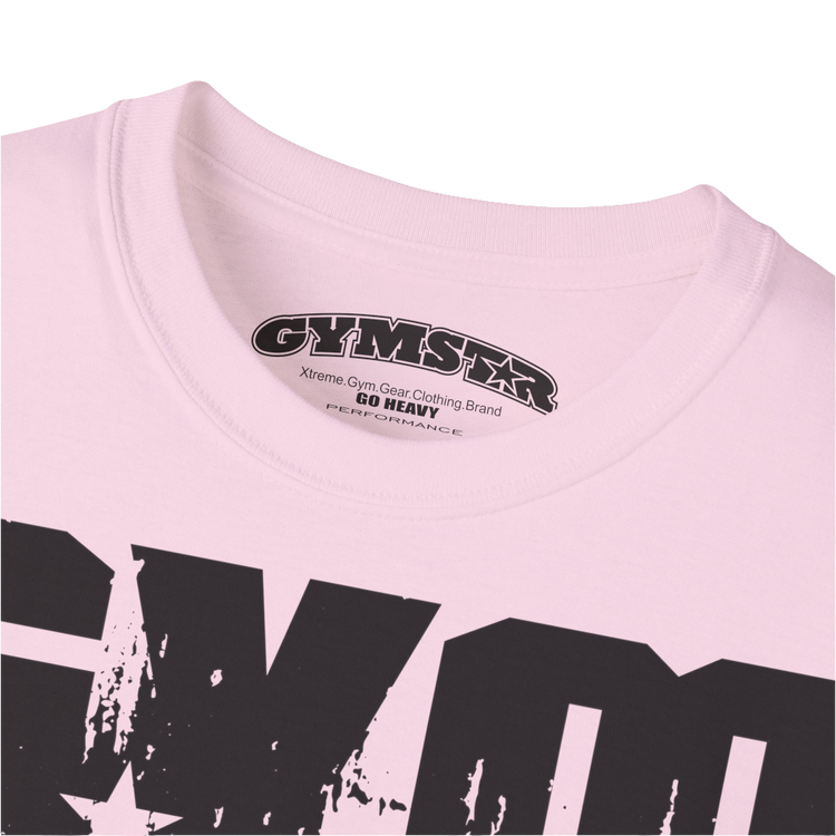 A pink sports t-shirt from Gymstar with a minimalist yet powerful design. The chest features a large, distressed print of the word "GYM" in grey. The design is complemented by a small brand logo with a red star, which adds a stylish accent. The t-shirt is perfect for athletic wear, creating a modern and clean look. Logo Close up view.
