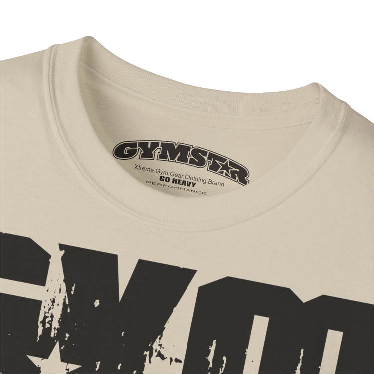 A beige sports t-shirt from Gymstar with a minimalist yet powerful design. The chest features a large, distressed print of the word "GYM" in grey. The design is complemented by a small brand logo with a red star, which adds a stylish accent. The t-shirt is perfect for athletic wear, creating a modern and clean look. Logo Close up view.