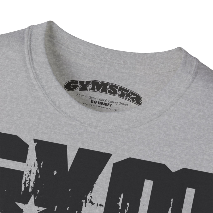 A silver grey sports t-shirt from Gymstar with a minimalist yet powerful design. The chest features a large, distressed print of the word "GYM" in grey. The design is complemented by a small brand logo with a red star, which adds a stylish accent. The t-shirt is perfect for athletic wear, creating a modern and clean look. Logo Close up view.