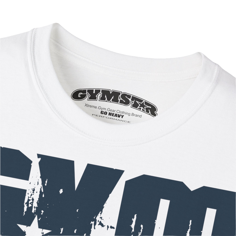 A white sports t-shirt from Gymstar with a minimalist yet powerful design. The chest features a large, distressed print of the word "GYM" in grey. The design is complemented by a small brand logo with a red star, which adds a stylish accent. The t-shirt is perfect for athletic wear, creating a modern and clean look. Logo Close up view.