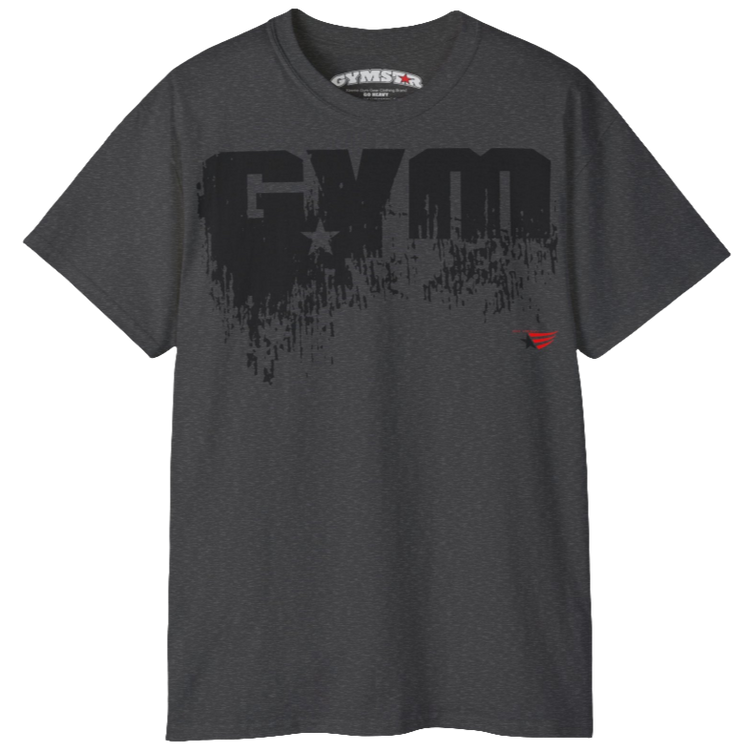 A grey sports t-shirt from Gymstar with a minimalist yet powerful design. The chest features a large, distressed print of the word "GYM" in grey. The design is complemented by a small brand logo with a red star, which adds a stylish accent. The t-shirt is perfect for athletic wear, creating a modern and clean look.