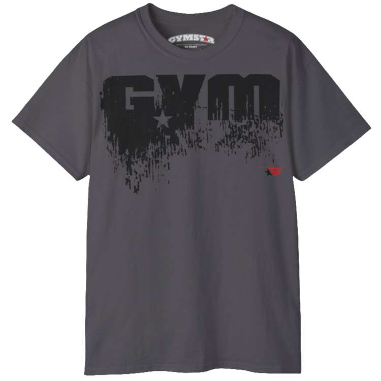 A sports grey sports t-shirt from Gymstar with a minimalist yet powerful design. The chest features a large, distressed print of the word "GYM" in grey. The design is complemented by a small brand logo with a red star, which adds a stylish accent. The t-shirt is perfect for athletic wear, creating a modern and clean look.