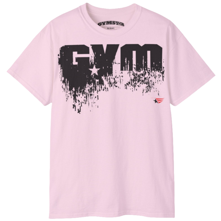 A pink sports t-shirt from Gymstar with a minimalist yet powerful design. The chest features a large, distressed print of the word "GYM" in grey. The design is complemented by a small brand logo with a red star, which adds a stylish accent. The t-shirt is perfect for athletic wear, creating a modern and clean look.