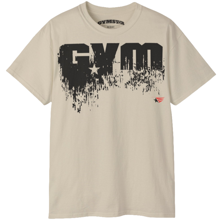 A beige sports t-shirt from Gymstar with a minimalist yet powerful design. The chest features a large, distressed print of the word "GYM" in grey. The design is complemented by a small brand logo with a red star, which adds a stylish accent. The t-shirt is perfect for athletic wear, creating a modern and clean look.