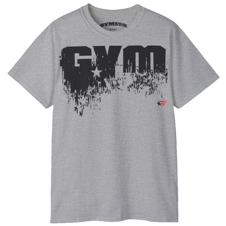 A silver grey sports t-shirt from Gymstar with a minimalist yet powerful design. The chest features a large, distressed print of the word "GYM" in grey. The design is complemented by a small brand logo with a red star, which adds a stylish accent. The t-shirt is perfect for athletic wear, creating a modern and clean look.