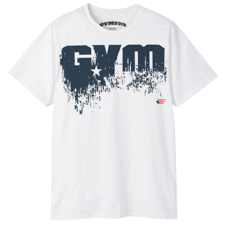 A white sports t-shirt from Gymstar with a minimalist yet powerful design. The chest features a large, distressed print of the word "GYM" in grey. The design is complemented by a small brand logo with a red star, which adds a stylish accent. The t-shirt is perfect for athletic wear, creating a modern and clean look.