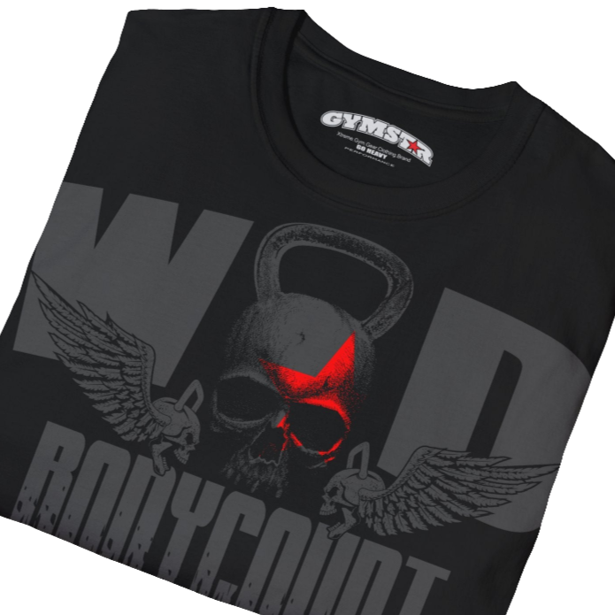 Unisex black Gymstar t-shirt, perfect for intense workouts. Made in dark grey with a massive chest print that combines elements like a skull in a kettlebell, spread wings, and a red star. The design is completed with motivational texts "WOD Bodycount", making it an ideal choice for any athlete. Close up view.