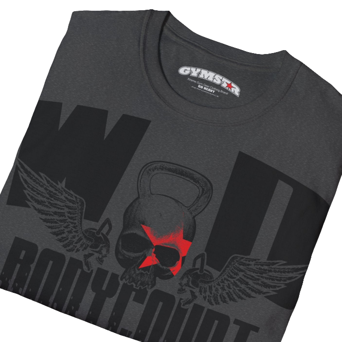 Unisex grey Gymstar t-shirt, perfect for intense workouts. Made in dark grey with a massive chest print that combines elements like a skull in a kettlebell, spread wings, and a red star. The design is completed with motivational texts "WOD Bodycount", making it an ideal choice for any athlete. Close up view.