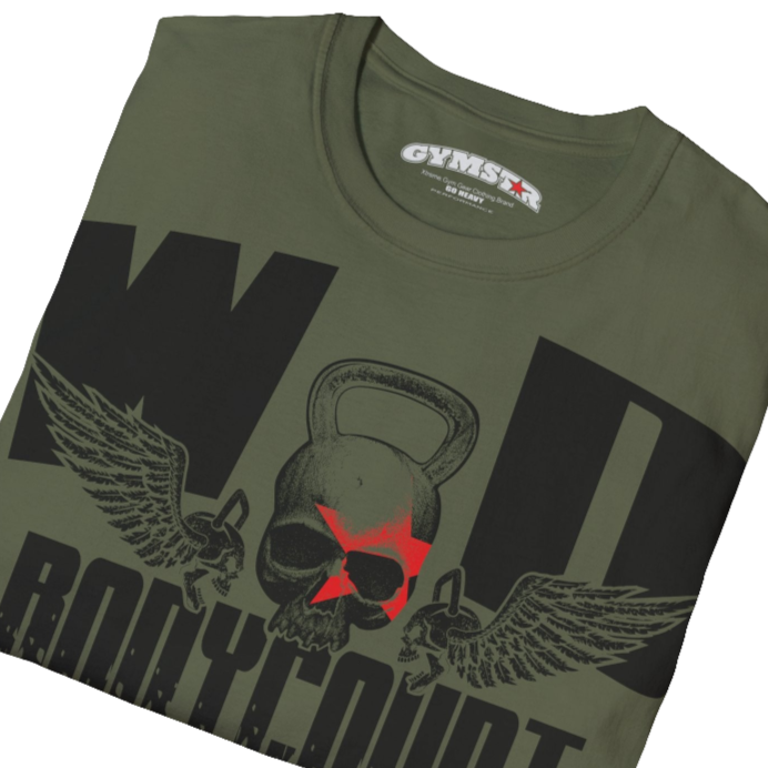 Unisex military green Gymstar t-shirt, perfect for intense workouts. Made in dark grey with a massive chest print that combines elements like a skull in a kettlebell, spread wings, and a red star. The design is completed with motivational texts "WOD Bodycount", making it an ideal choice for any athlete. Close up view.