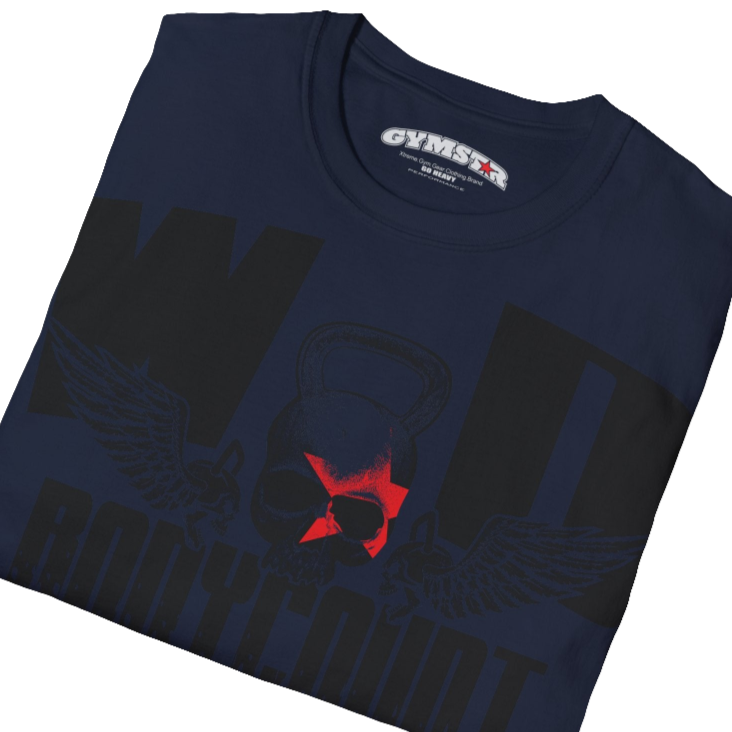 Unisex deep blue Gymstar t-shirt, perfect for intense workouts. Made in dark grey with a massive chest print that combines elements like a skull in a kettlebell, spread wings, and a red star. The design is completed with motivational texts "WOD Bodycount", making it an ideal choice for any athlete. Close up view.