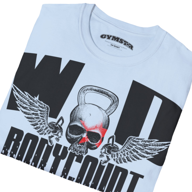 Unisex light blue Gymstar t-shirt, perfect for intense workouts. Made in dark grey with a massive chest print that combines elements like a skull in a kettlebell, spread wings, and a red star. The design is completed with motivational texts "WOD Bodycount", making it an ideal choice for any athlete. Close up view.