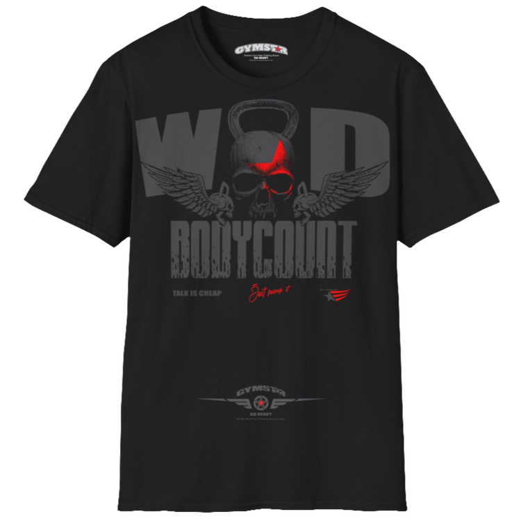 Unisex black Gymstar t-shirt, perfect for intense workouts. Made in dark grey with a massive chest print that combines elements like a skull in a kettlebell, spread wings, and a red star. The design is completed with motivational texts "WOD Bodycount", making it an ideal choice for any athlete.