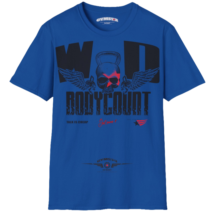 Unisex blue Gymstar t-shirt, perfect for intense workouts. Made in dark grey with a massive chest print that combines elements like a skull in a kettlebell, spread wings, and a red star. The design is completed with motivational texts "WOD Bodycount", making it an ideal choice for any athlete.