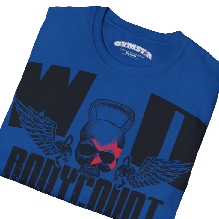 Unisex blue Gymstar t-shirt, perfect for intense workouts. Made in dark grey with a massive chest print that combines elements like a skull in a kettlebell, spread wings, and a red star. The design is completed with motivational texts "WOD Bodycount", making it an ideal choice for any athlete. Close up view.