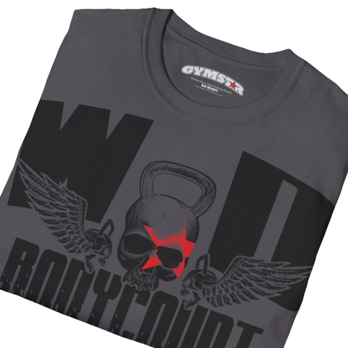 Unisex sport grey Gymstar t-shirt, perfect for intense workouts. Made in dark grey with a massive chest print that combines elements like a skull in a kettlebell, spread wings, and a red star. The design is completed with motivational texts "WOD Bodycount", making it an ideal choice for any athlete. Close up view.