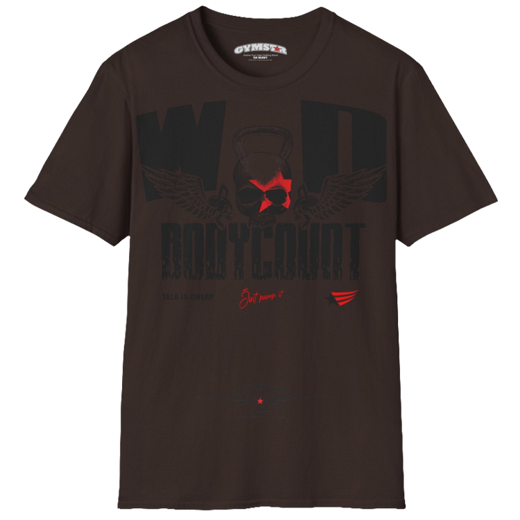 Unisex brown Gymstar t-shirt, perfect for intense workouts. Made in dark grey with a massive chest print that combines elements like a skull in a kettlebell, spread wings, and a red star. The design is completed with motivational texts "WOD Bodycount", making it an ideal choice for any athlete.