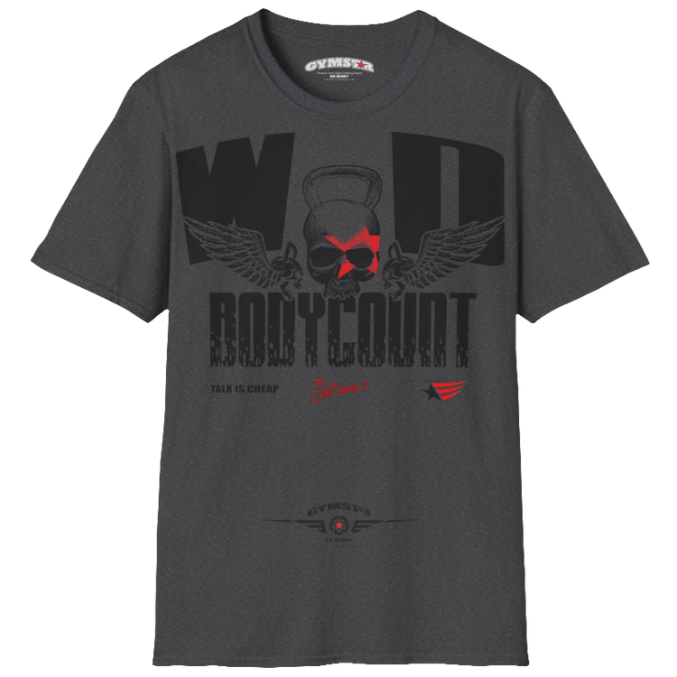 Unisex grey Gymstar t-shirt, perfect for intense workouts. Made in dark grey with a massive chest print that combines elements like a skull in a kettlebell, spread wings, and a red star. The design is completed with motivational texts "WOD Bodycount", making it an ideal choice for any athlete.