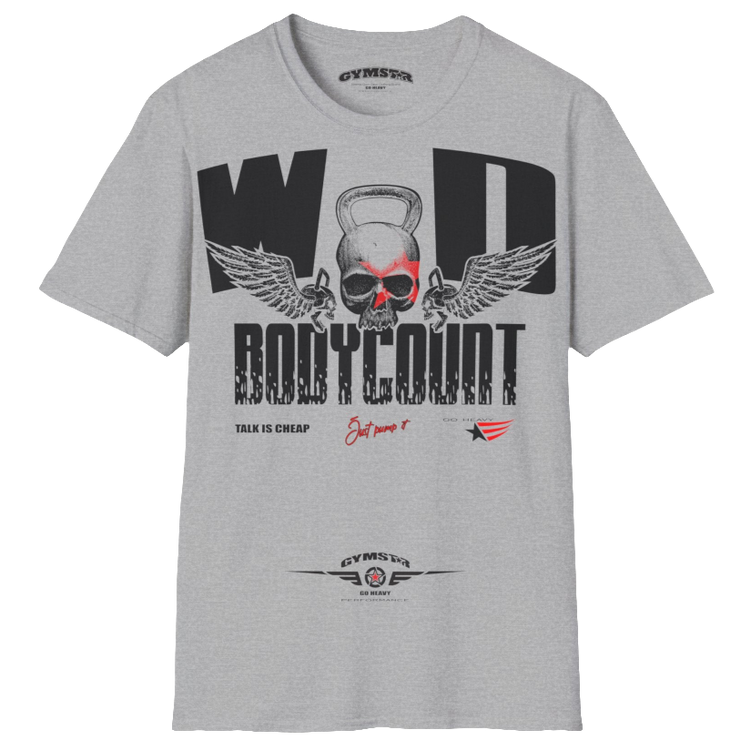 Unisex silver grey Gymstar t-shirt, perfect for intense workouts. Made in dark grey with a massive chest print that combines elements like a skull in a kettlebell, spread wings, and a red star. The design is completed with motivational texts "WOD Bodycount", making it an ideal choice for any athlete.