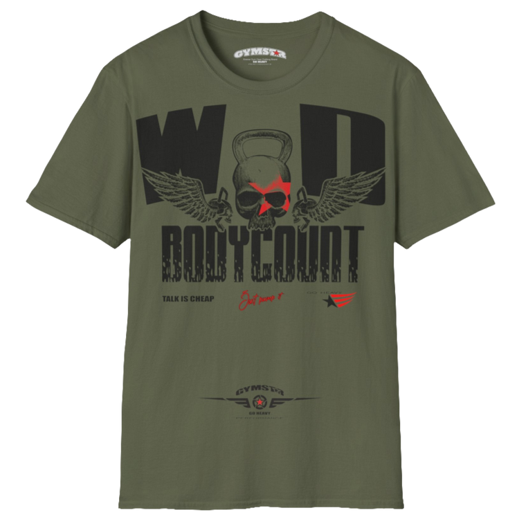 Unisex military green Gymstar t-shirt, perfect for intense workouts. Made in dark grey with a massive chest print that combines elements like a skull in a kettlebell, spread wings, and a red star. The design is completed with motivational texts "WOD Bodycount", making it an ideal choice for any athlete.