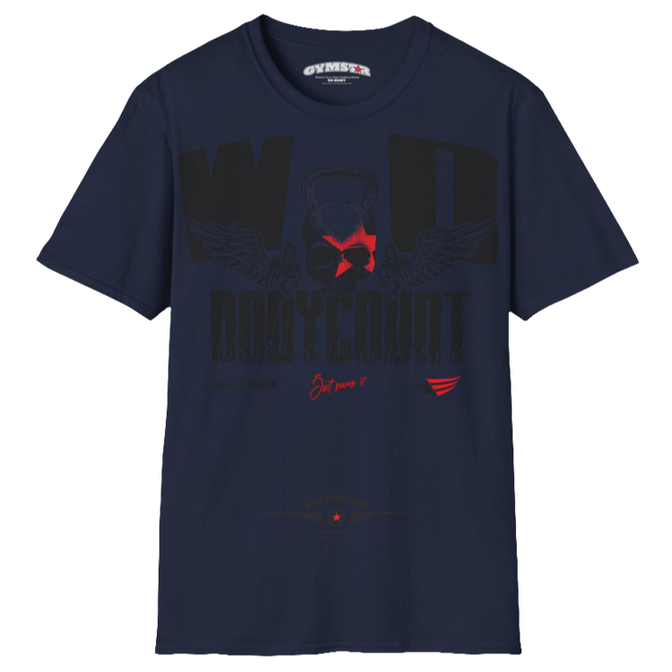 Unisex navy blue Gymstar t-shirt, perfect for intense workouts. Made in dark grey with a massive chest print that combines elements like a skull in a kettlebell, spread wings, and a red star. The design is completed with motivational texts "WOD Bodycount", making it an ideal choice for any athlete.