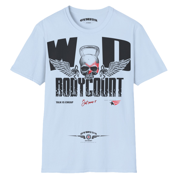 Unisex light blue Gymstar t-shirt, perfect for intense workouts. Made in dark grey with a massive chest print that combines elements like a skull in a kettlebell, spread wings, and a red star. The design is completed with motivational texts "WOD Bodycount", making it an ideal choice for any athlete.