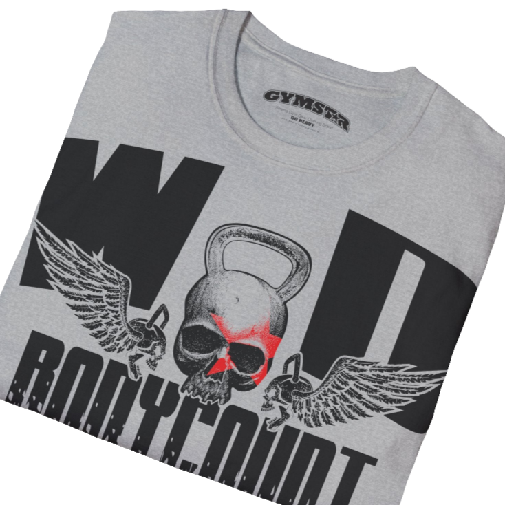 Unisex silver grey Gymstar t-shirt, perfect for intense workouts. Made in dark grey with a massive chest print that combines elements like a skull in a kettlebell, spread wings, and a red star. The design is completed with motivational texts "WOD Bodycount", making it an ideal choice for any athlete. Close up view.