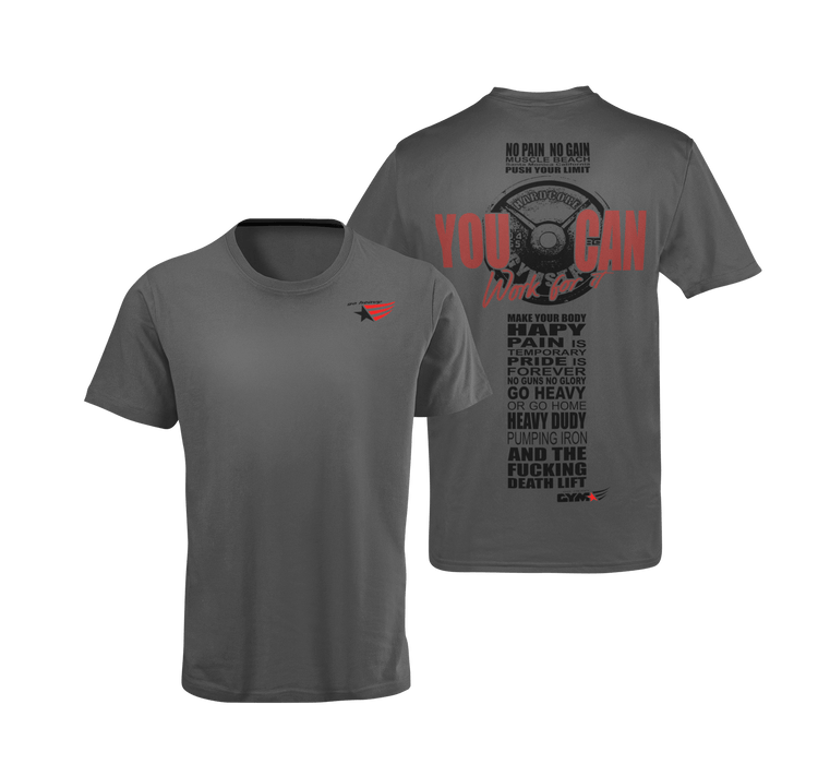 The image shows the back of two blue sports t-shirt Gymstar with the text 'YOU CAN' and a graphic of a Skull Kettlebell and logo.