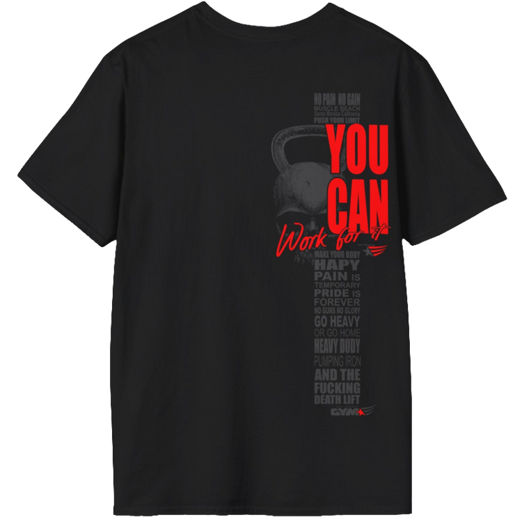 A black athletic t-shirt Gymstar with an attractive gym and workout print. The design features a skull shaped as a kettlebell and bold red lettering that reads "YOU CAN" and "Work for it." It also includes motivational phrases such as "NO PAIN NO GAIN," "GO HEAVY," "HEAVY DUTY," and "DEATH LIFT," making it an ideal choice for anyone involved in heavy lifting and strength training.
